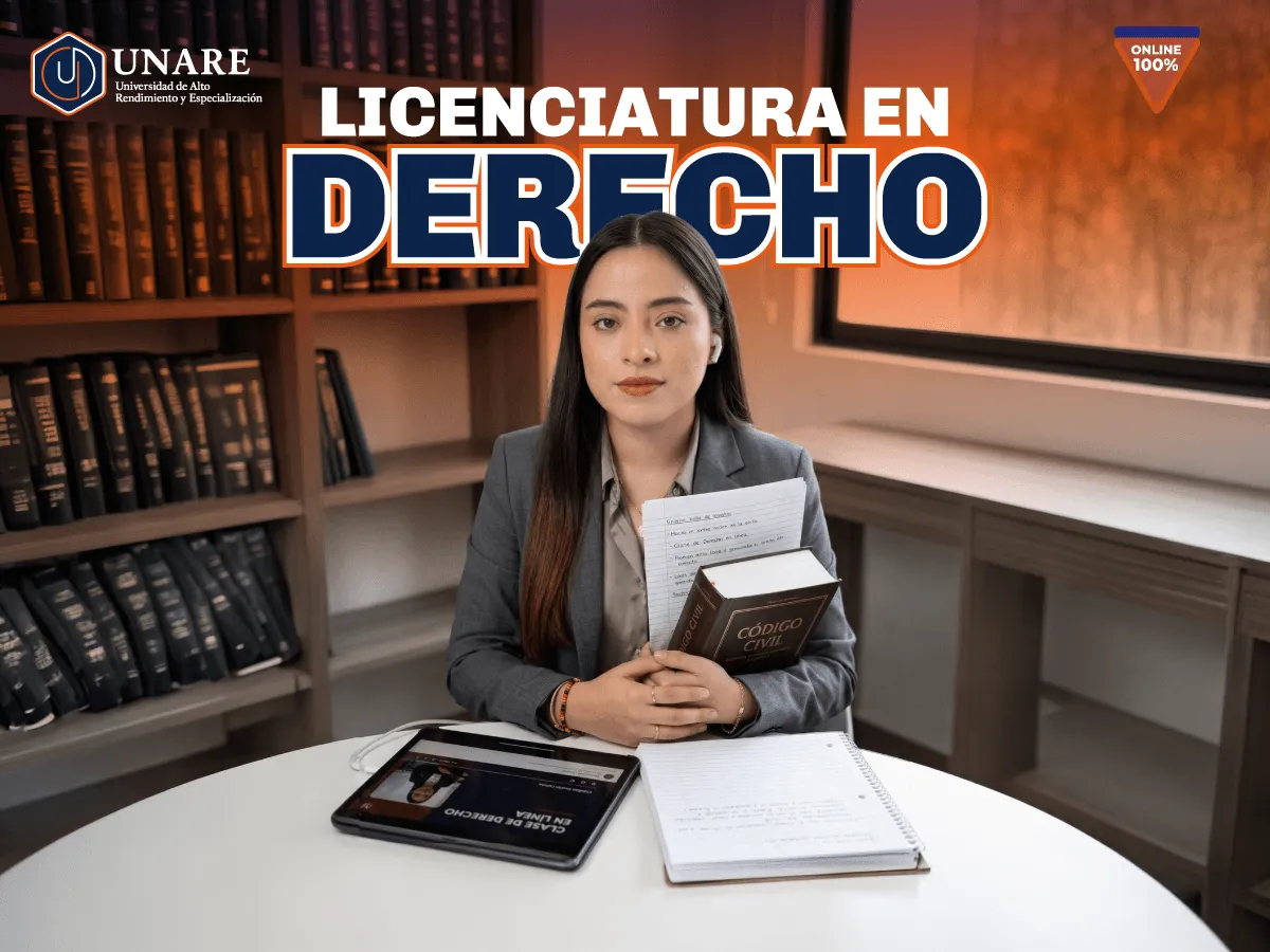 Arte promocional de Licenciatura en Derecho, programa 100% en línea de UNARE.
