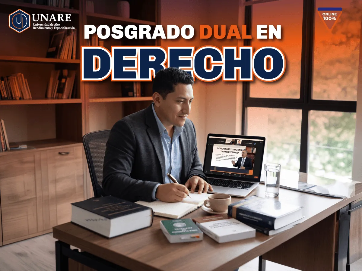 Arte promocional de Posgrado en Derecho, programa 100% en línea de UNARE.